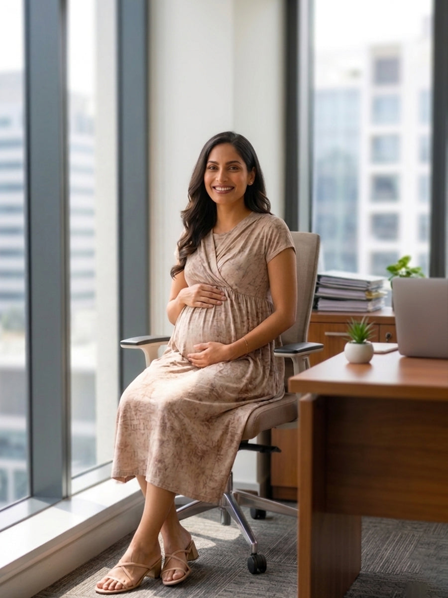 Ziva Maternity & Feeding Knitted Cotton Midi Dress with Zipless Feeding Access & Pocket – Brown Sugar Tie-Dye