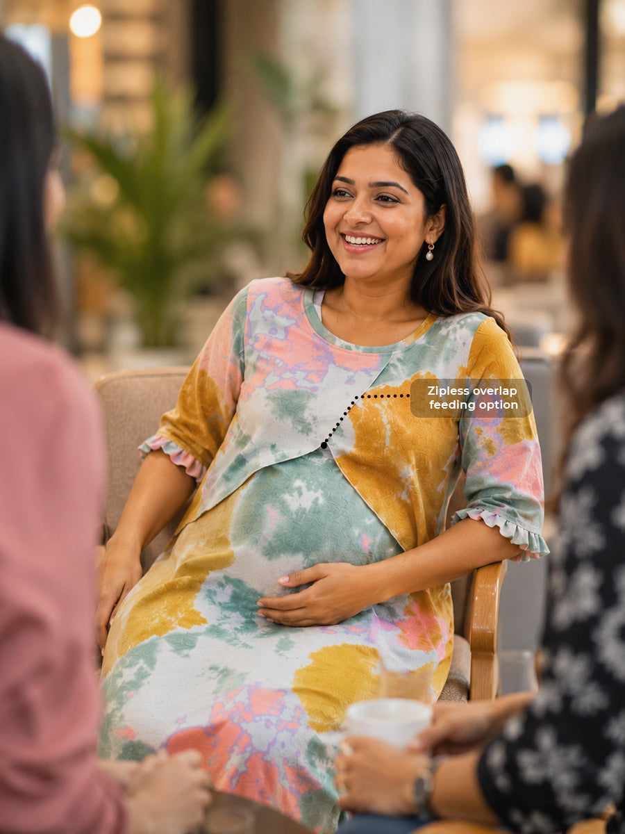 Ziva Maternity & Feeding Knitted Cotton Maxi Dress with Zipless Feeding Access & Pocket – Pastel Green Abstract Tie-Dye