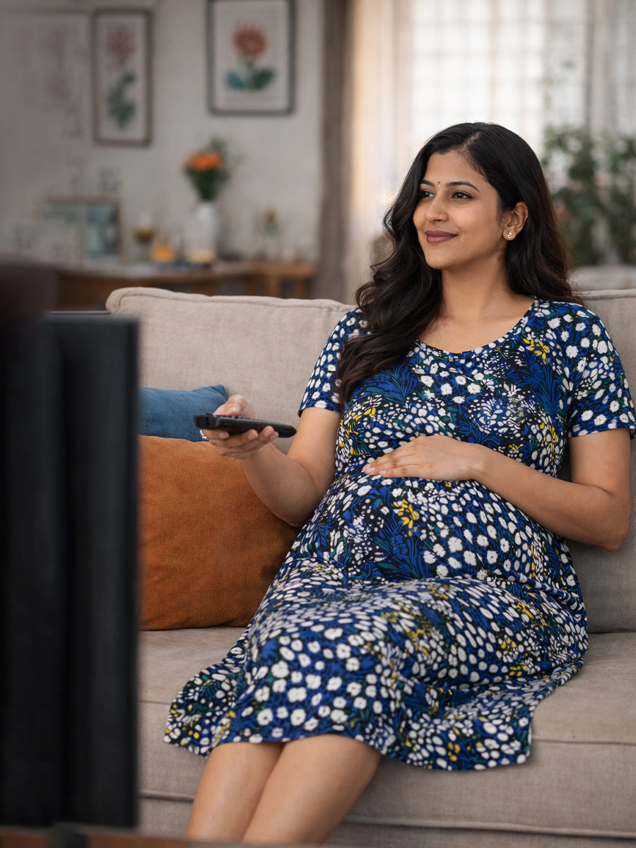 ZIVA Black Floral Zipless Maternity & Feeding Dress with Adjustable Tie and Side Pocket