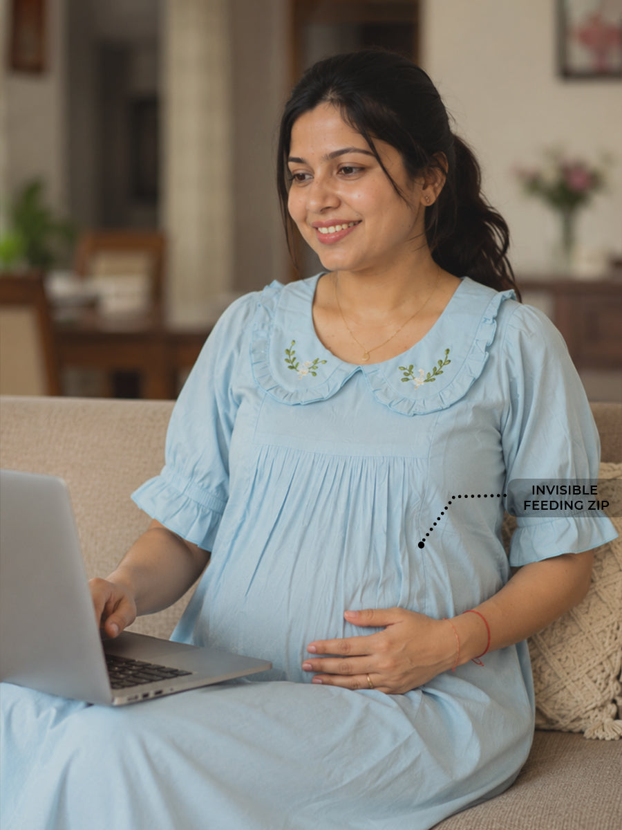 Ziva Maternity & Feeding Cotton Short Frock Nighty with Elegant Embroidered Peter Pan Collar, Invisible Feeding Zips & Pocket – Light Blue