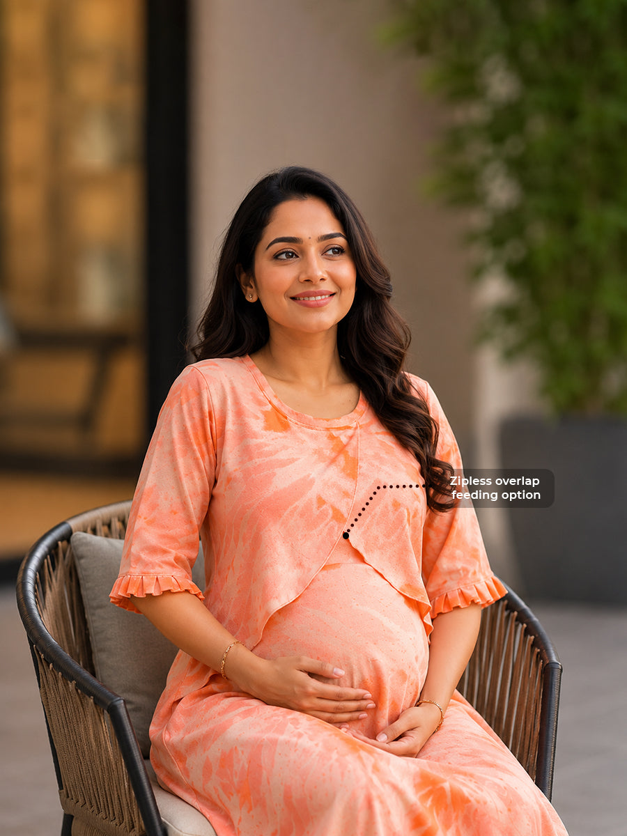 Ziva Maternity & Feeding Knitted Cotton Maxi Dress with Zipless Feeding Access & Pocket – Muted Peach Orange Tie-Dye