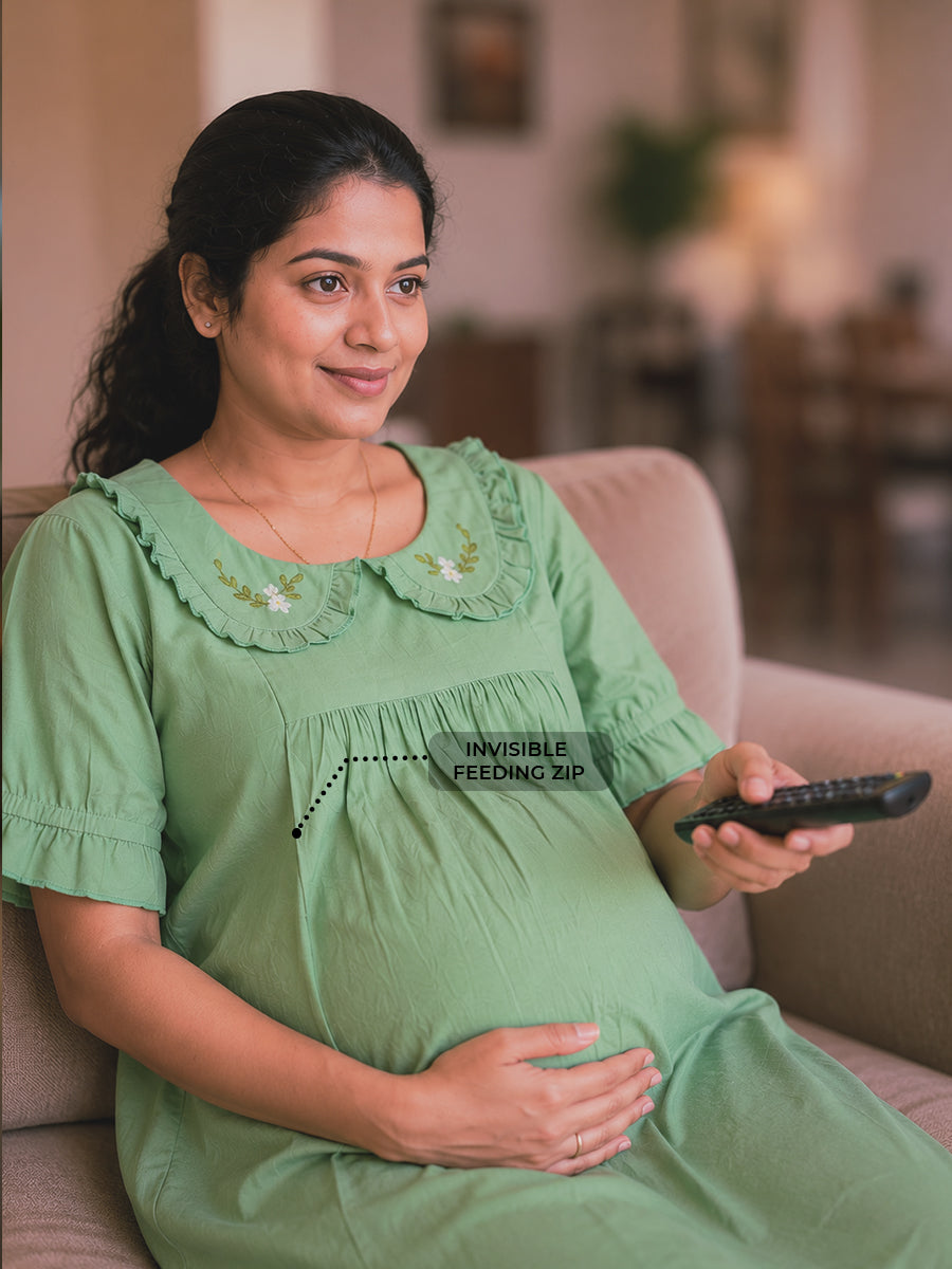 Ziva Maternity & Feeding Cotton Short Frock Nighty with Elegant Embroidered Peter Pan Collar, Invisible Feeding Zips & Pocket – Sage Green