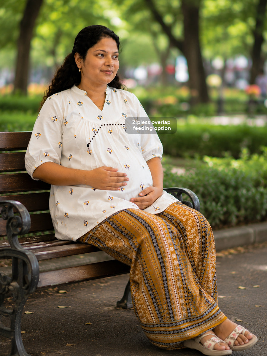 Ziva Maternity & Feeding Ethnic Co-ord Set with Feeding Zip & Wide-Leg Adjustable Palazzo – Cream & Mustard Yellow