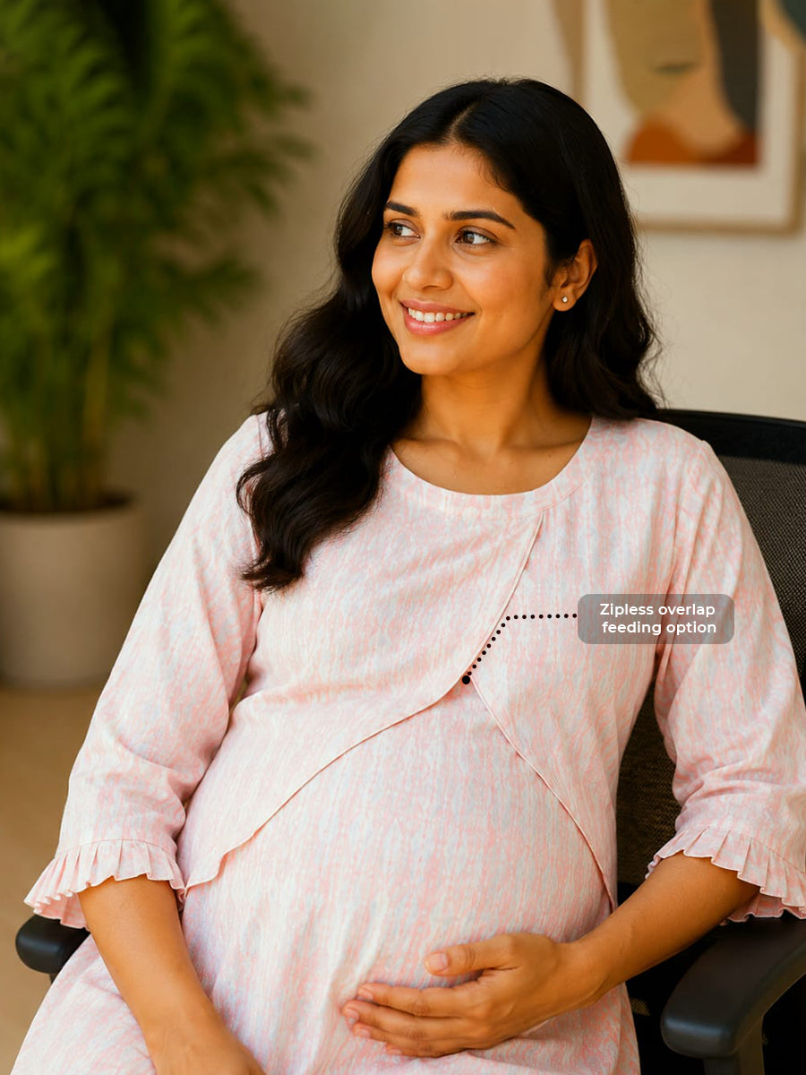 Ziva Maternity & Feeding Knitted Cotton Maxi Dress with Zipless Feeding Access & Pocket – Pink Tie-Dye