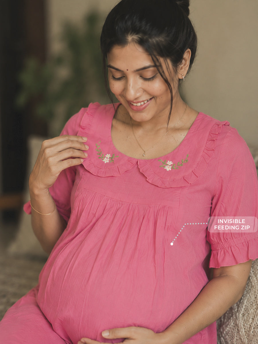 Ziva Maternity & Feeding Cotton Short Frock Nighty with Elegant Embroidered Peter Pan Collar, Invisible Feeding Zips & Pocket – Rosy Peach