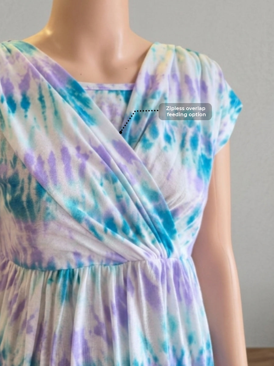 Ziva Maternity & Feeding Knitted Cotton Midi Dress with Zipless Feeding Access & Pocket – Aqua Mist & Lavender Wash Tie-Dye