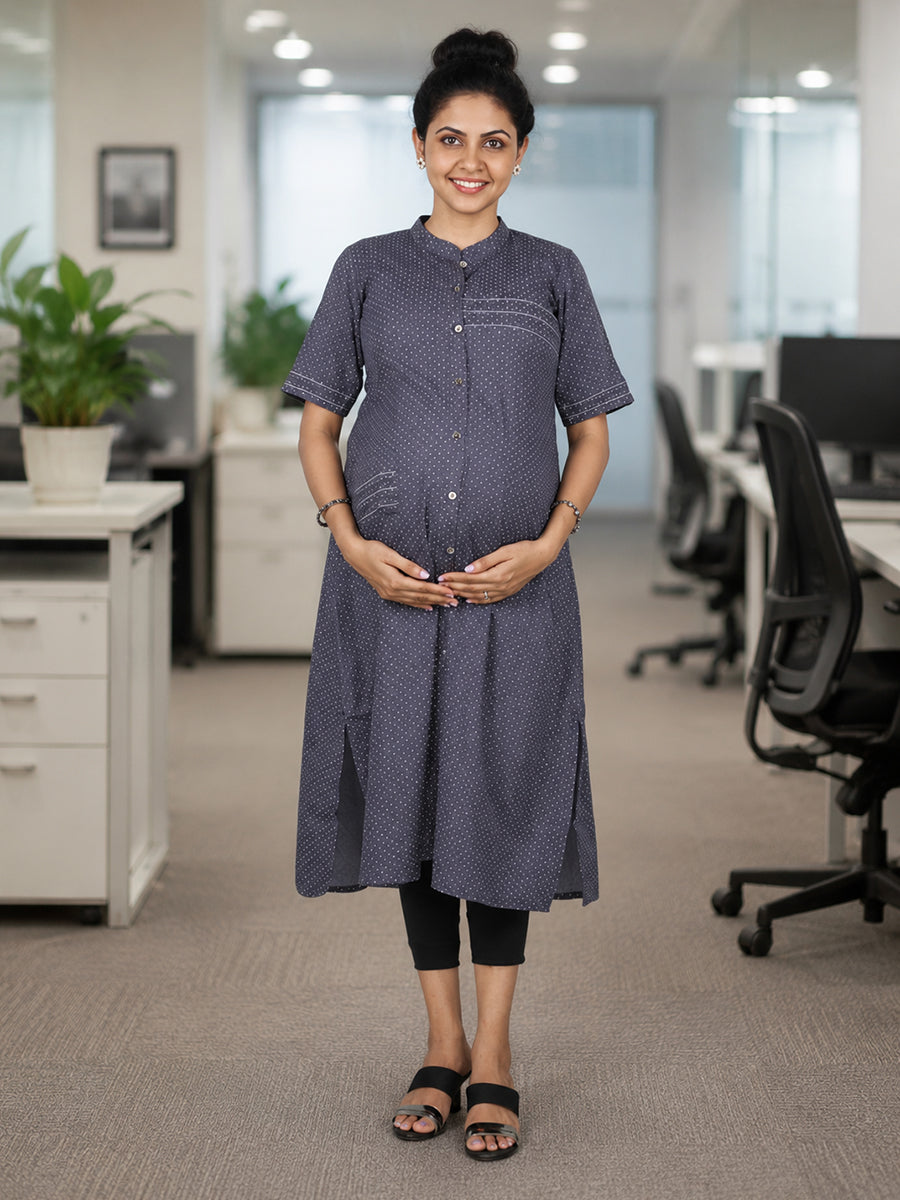 Ziva Maternity & Feeding Cotton Kurta Top with Mandarin Collar, Front Button Opening & Pocket