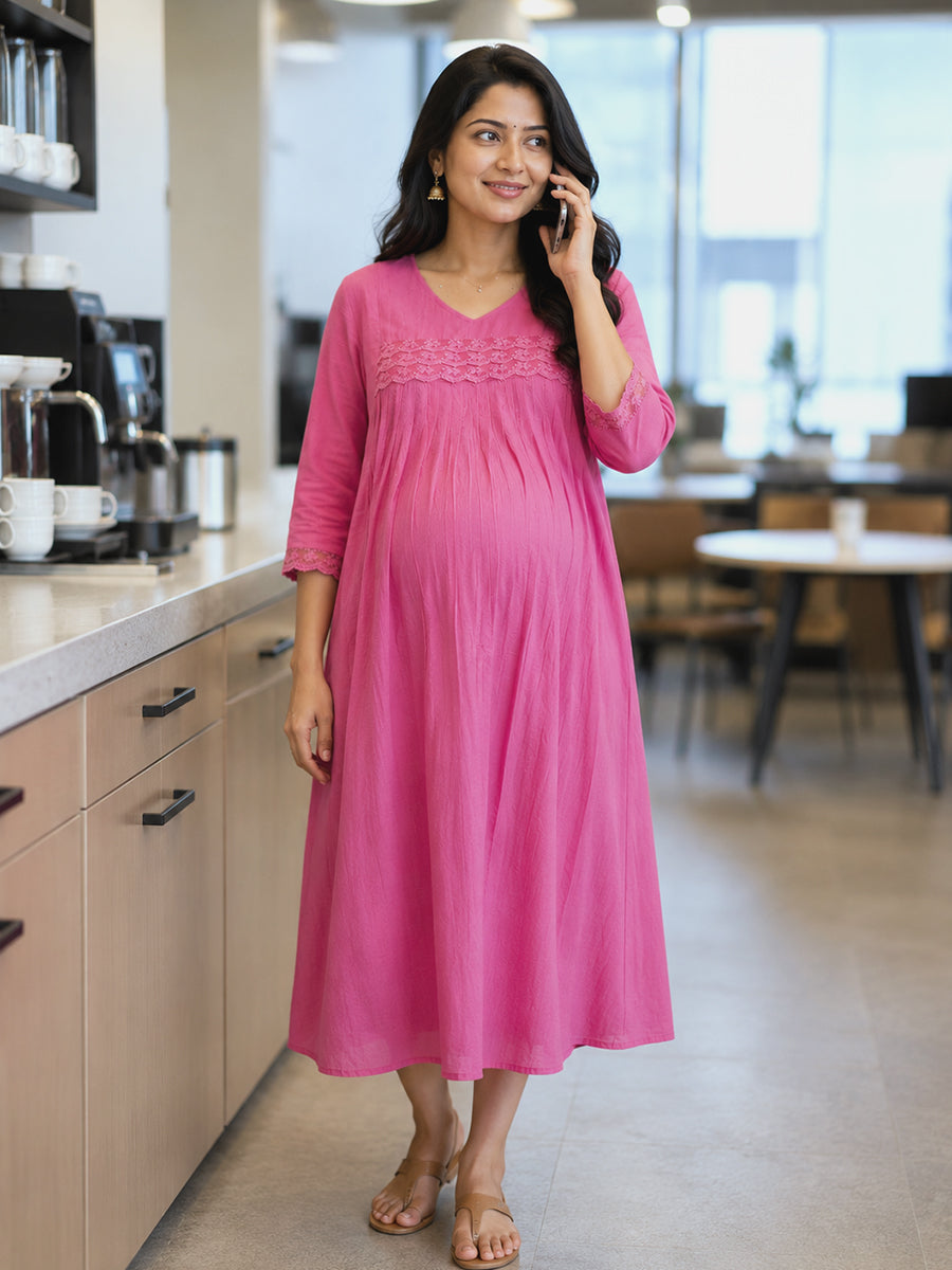 Ziva Maternity & Feeding Slub Grain Textured Dress with Invisible Feeding Zips, Crochet Lace Detailing & Pocket – Rose