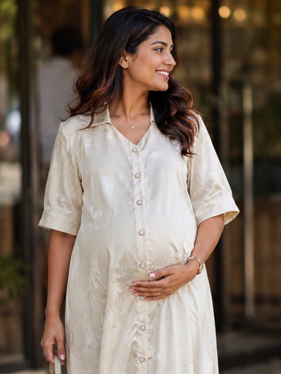 Ziva Maternity & Feeding Satin Shirt Dress with Full Open Front, Collar Neck & Pocket – Beige Printed
