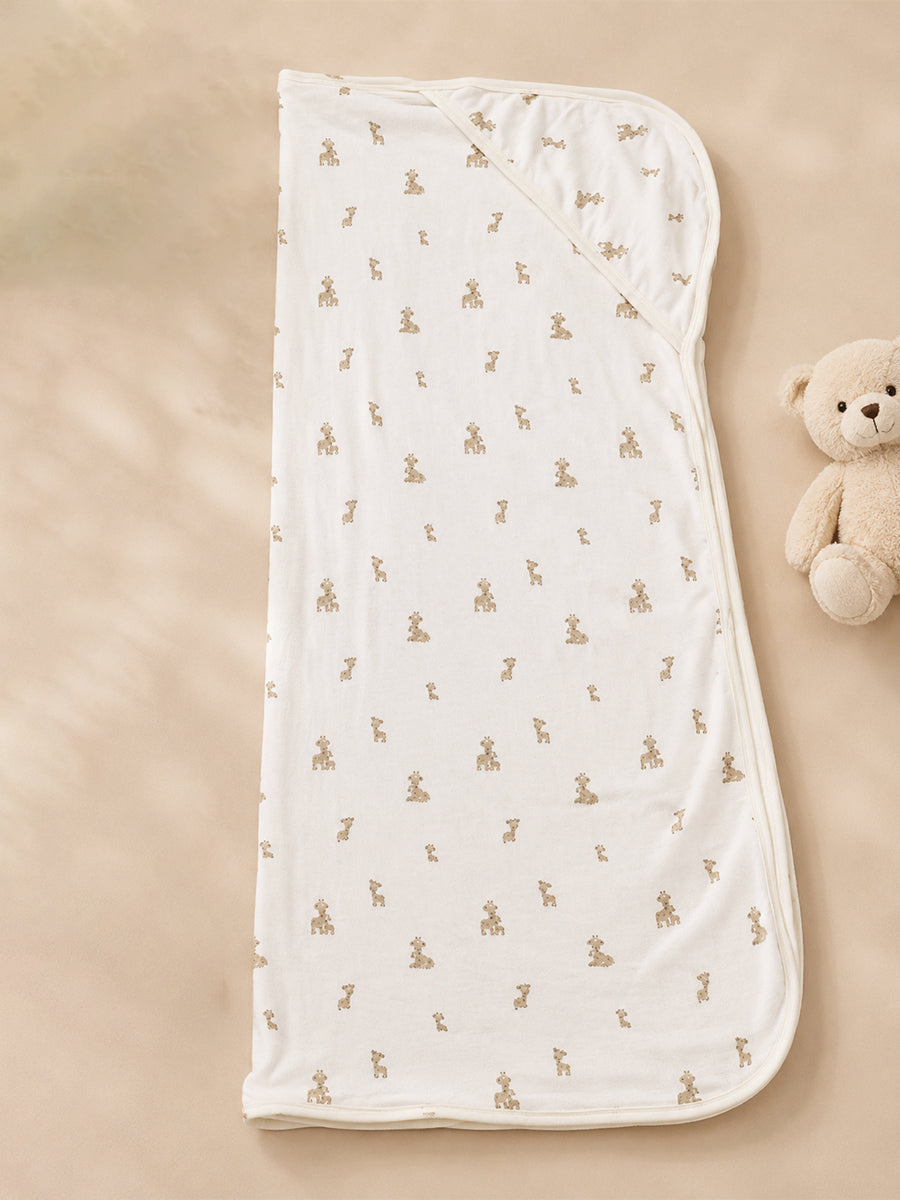 Ziva Baby Hooded Towel – Off White | Warm Taupe Beige Baby Giraffe Print | 100% Knitted Cotton
