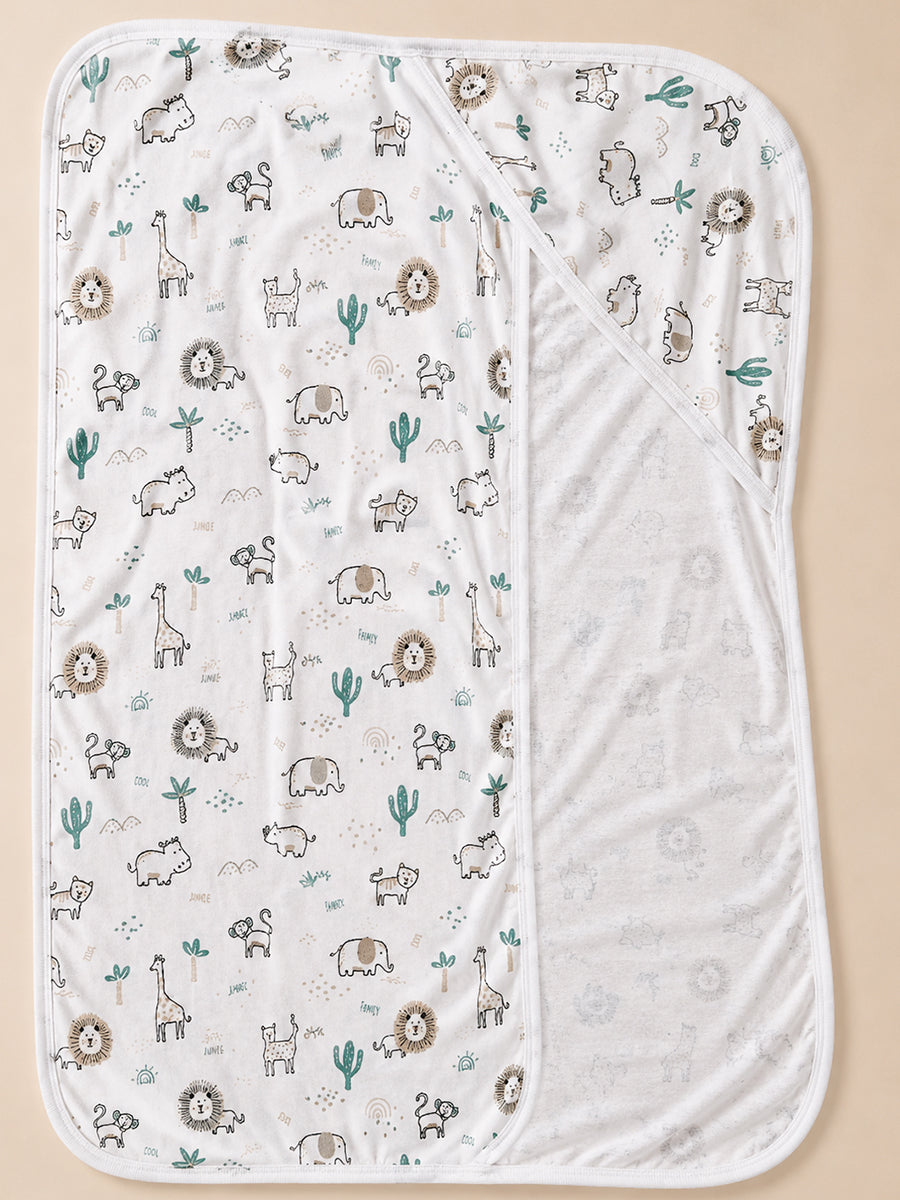 Ziva Baby Hooded Towel – Soft White | Jungle Safari Adventure Print | Soft Knitted Cotton