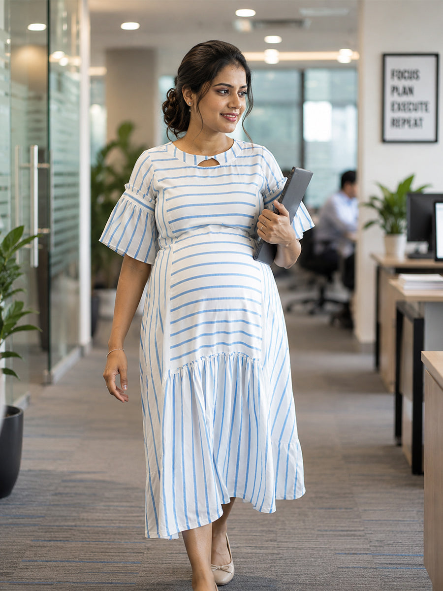 Ziva Maternity & Feeding Premium Rayon Dress with Decorative Neckline, Adjustable Side Ties & Pocket – White with Blue Stripes