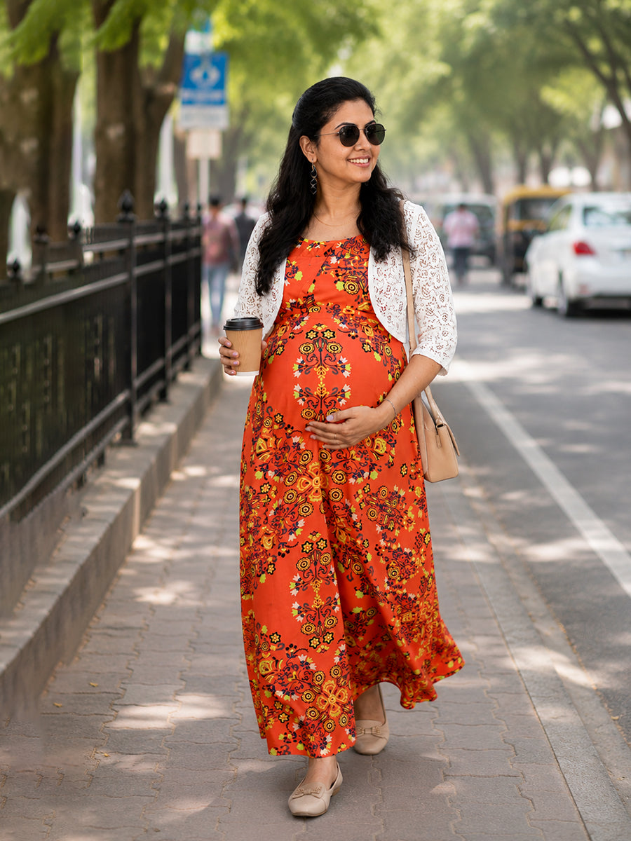 Ziva Maternity & Feeding Rayon Strappy Full Gown with Lace Jacket & Invisible Feeding Zips