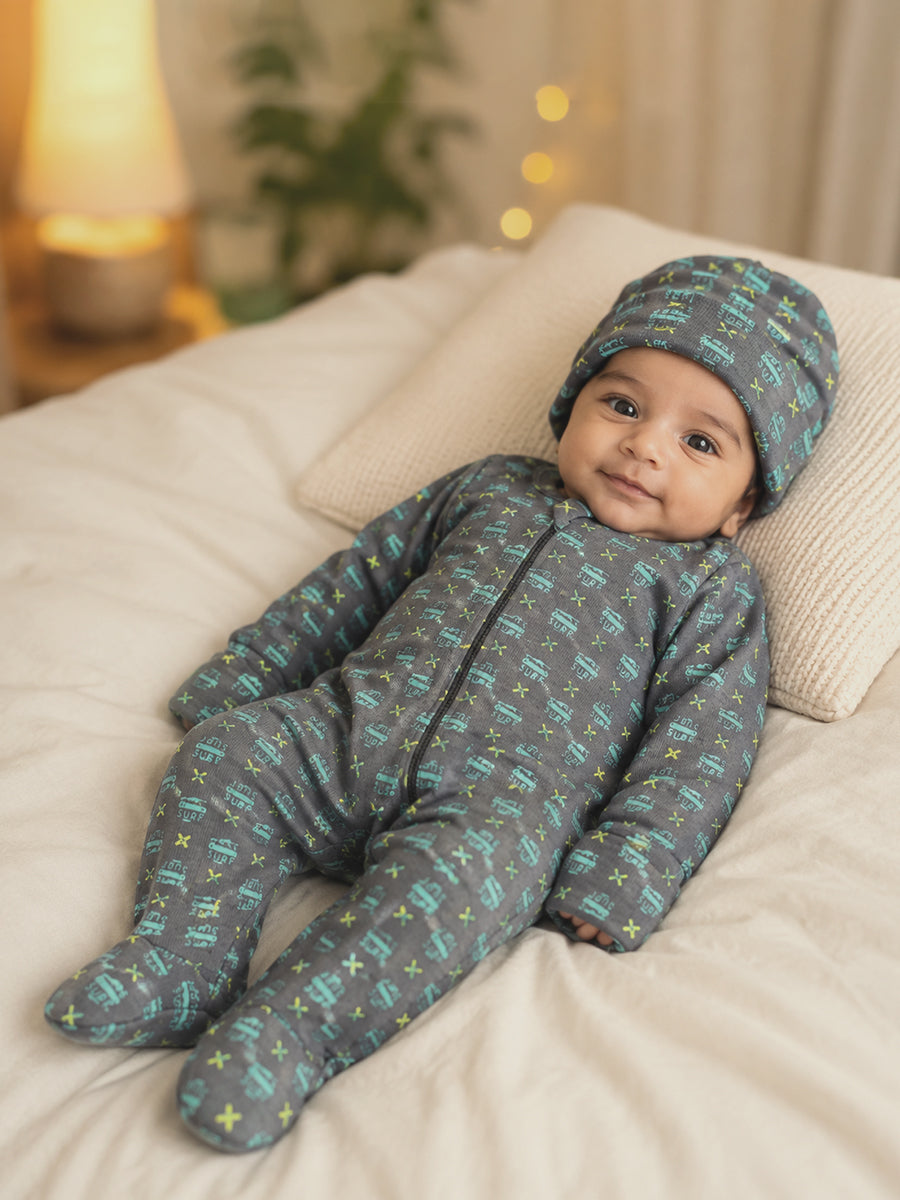 Ziva Knitted Cotton Baby Sleepsuit with Cap – Surf Day Print | Charcoal Grey