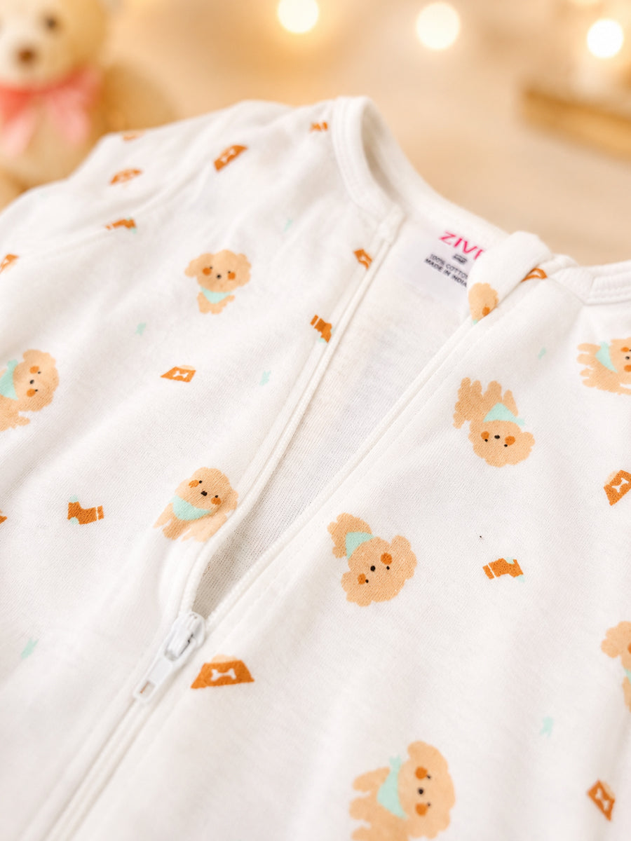 Ziva Knitted Cotton Baby Sleepsuit with Cap – Puppy Bear Print | Soft Ivory White
