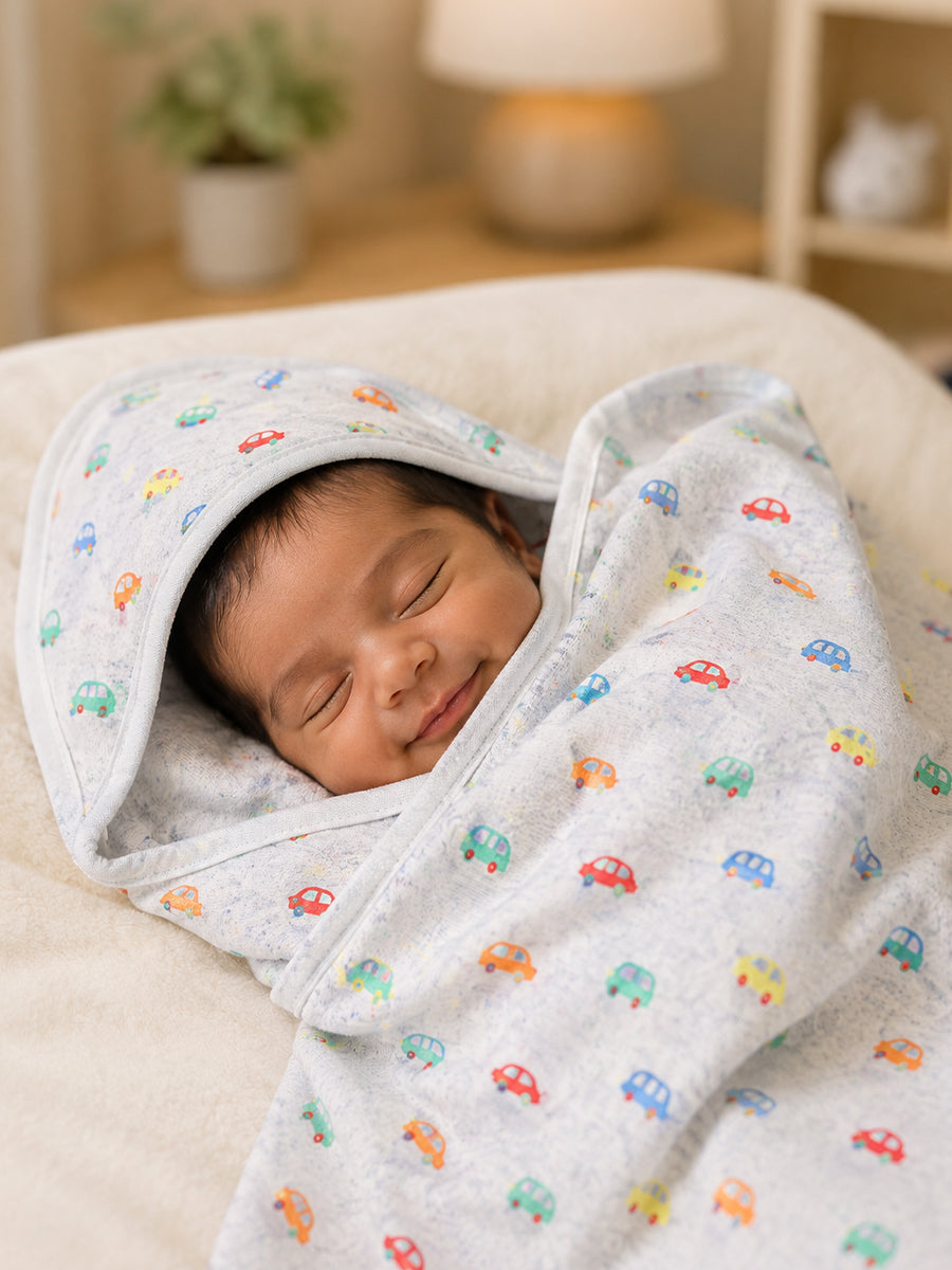 Ziva Baby Hooded Towel – Heather Grey | Tiny Multicolor Car Print | Knitted Cotton