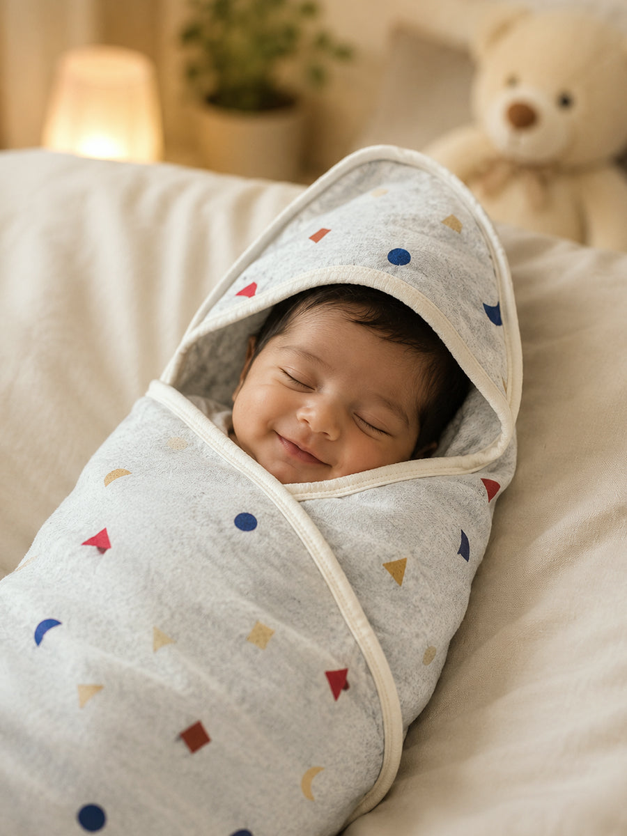 Ziva Baby Hood Towel – Melange Grey | Geometric Confetti Print | Knitted Cotton