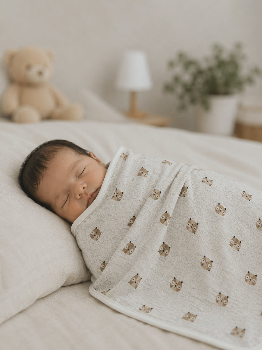 Ziva Baby Blanket – Grey Melange | Tiny Teddy Bear Print | Knitted Cotton