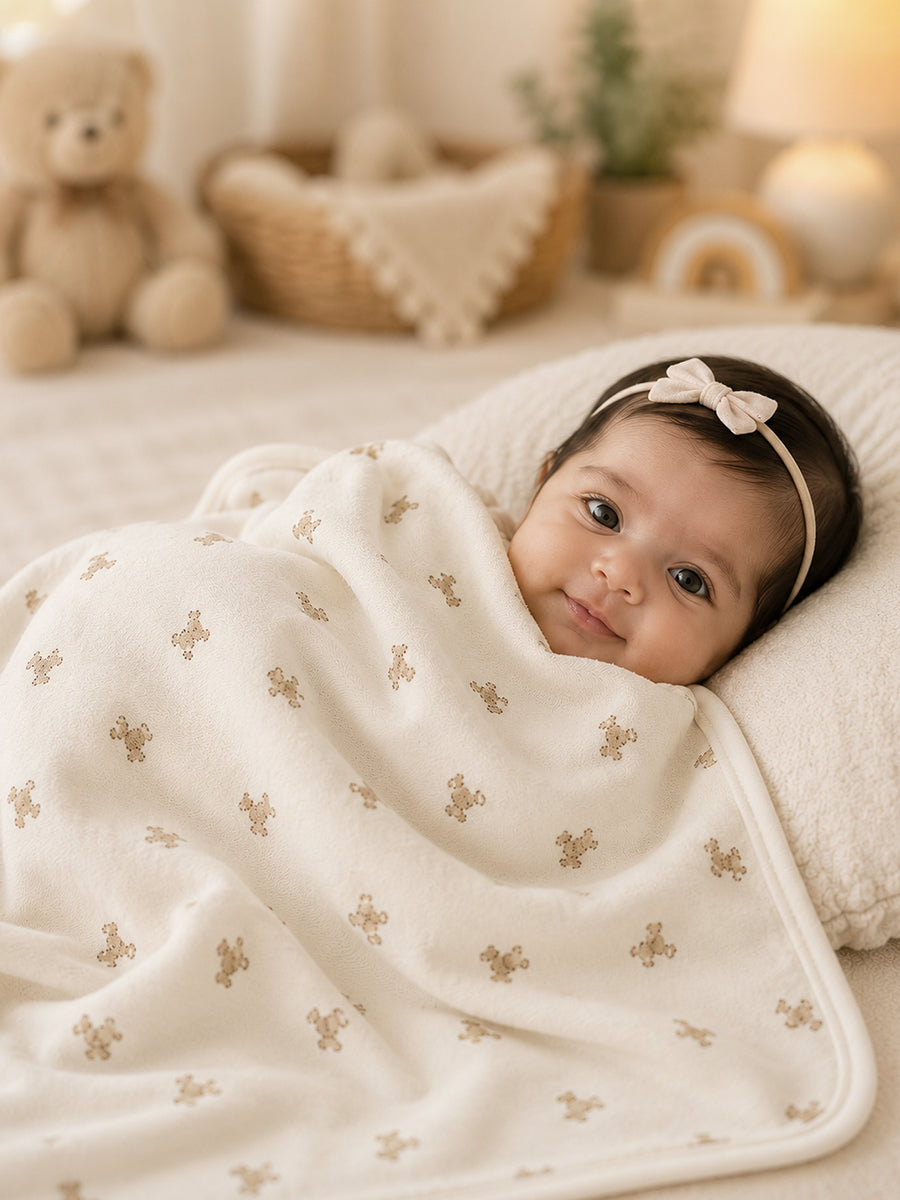 Ziva Baby Blanket – Off White | Tiny Teddy Parade Print | Knitted Cotton