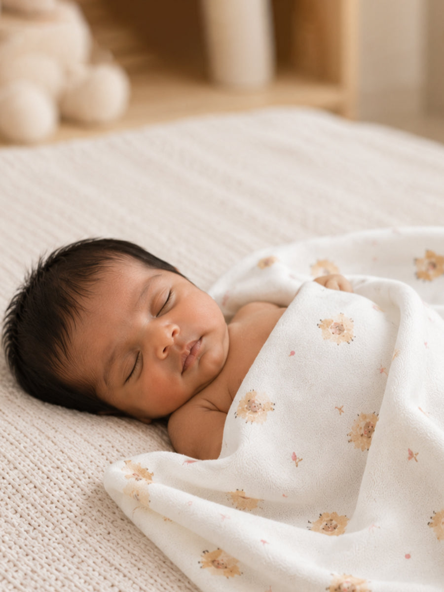 Ziva Baby Blanket – Off White | Tiny Fluffy Lamb Print | Knitted Cotton