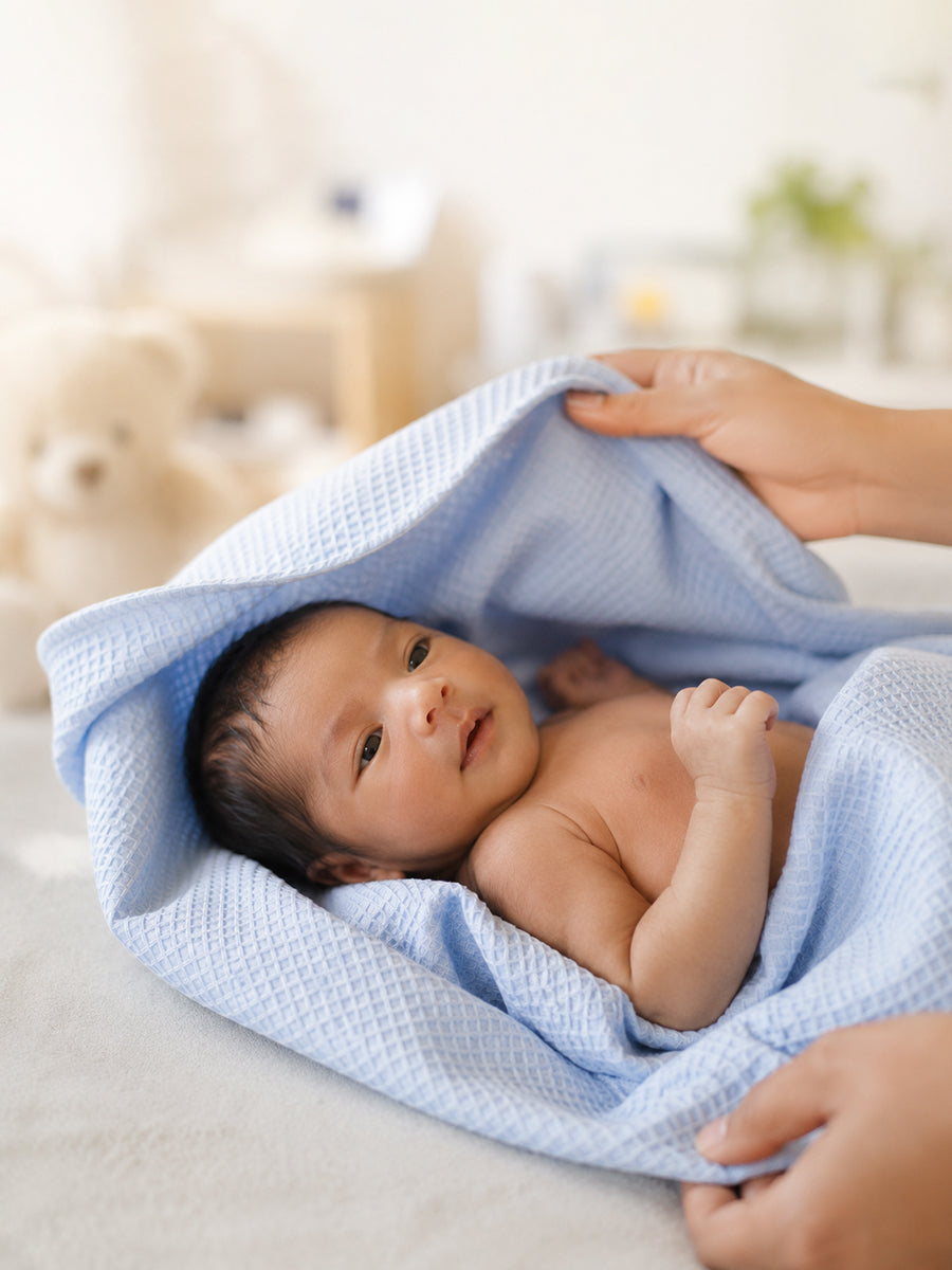 Ziva Baby Bath Towel – Baby Blue | Cotton | Square Grid Cotton Weave