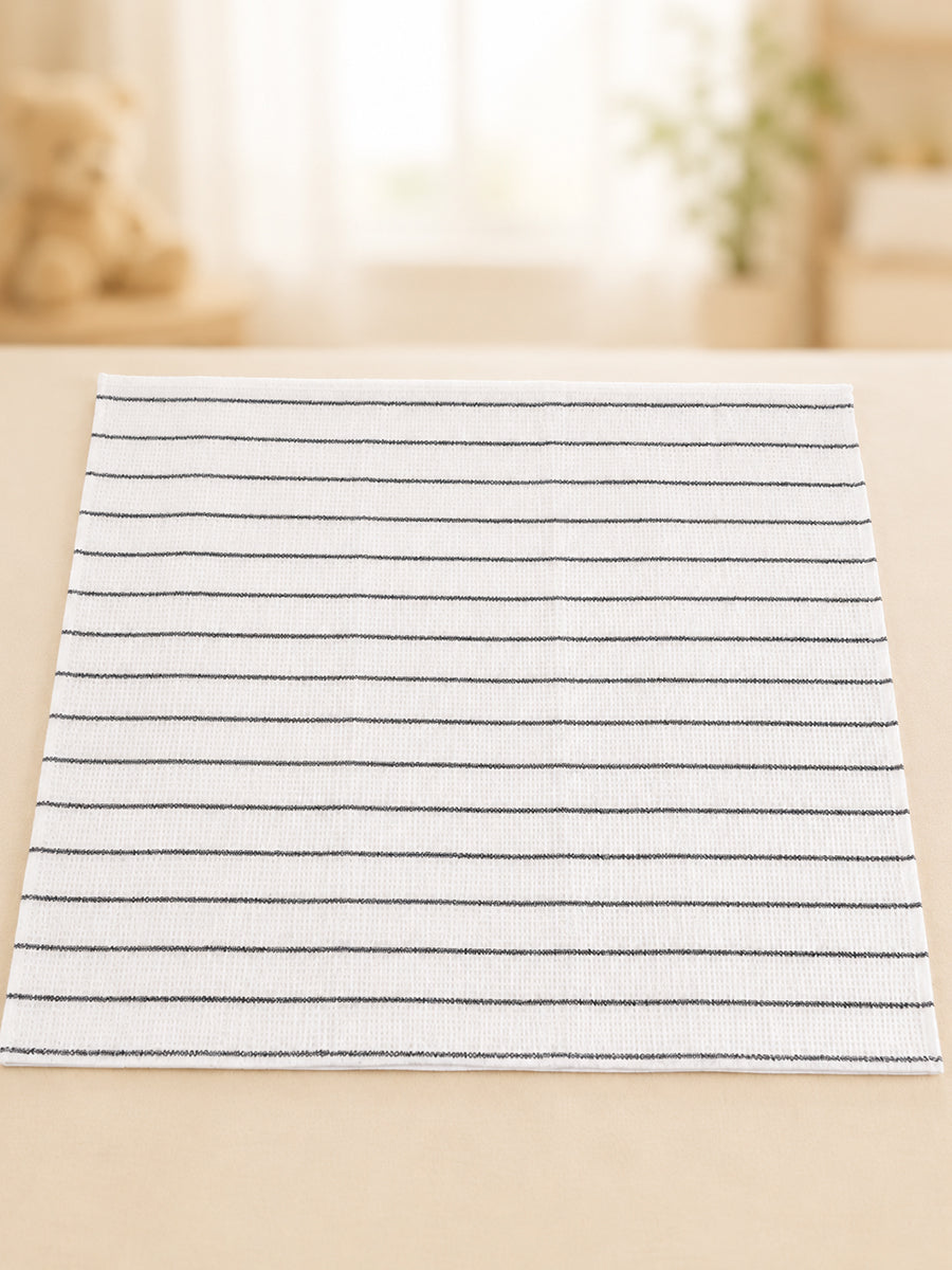 Ziva Baby Bath Towel – White | Light Black Stripe Print | Cotton | Square Grid Cotton Weave