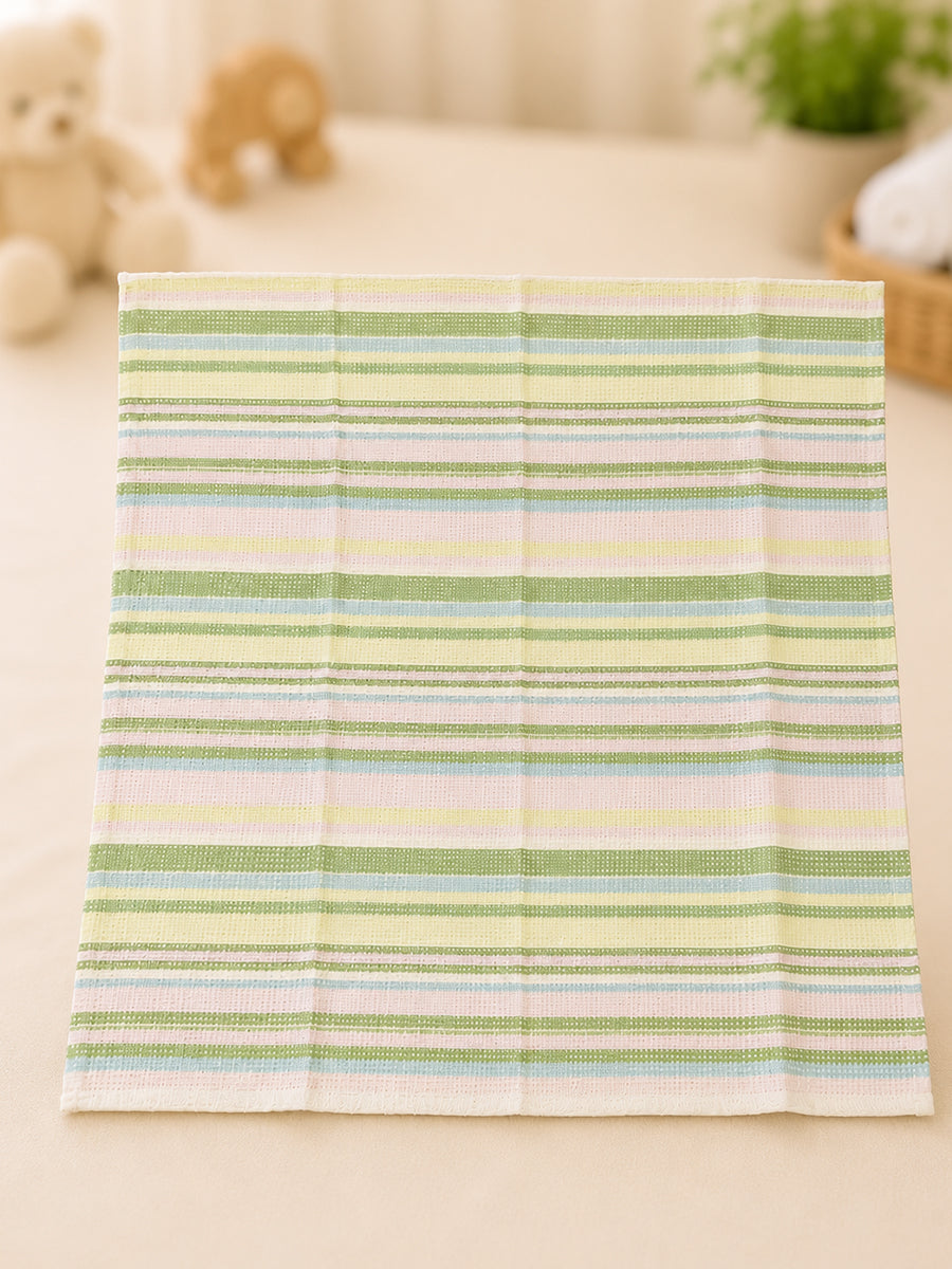 Ziva Baby Bath Towel – White | Sage Green & Dusty Blue Stripe Print | Cotton | Square Grid Cotton Weave