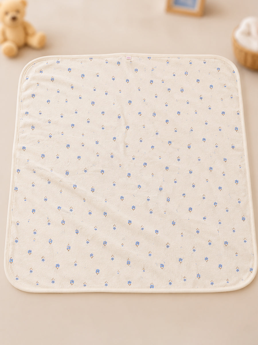 Ziva Baby Bath Towel – Off White | Dusty Blue Floral Print | Cotton | Mini Waffle Weave