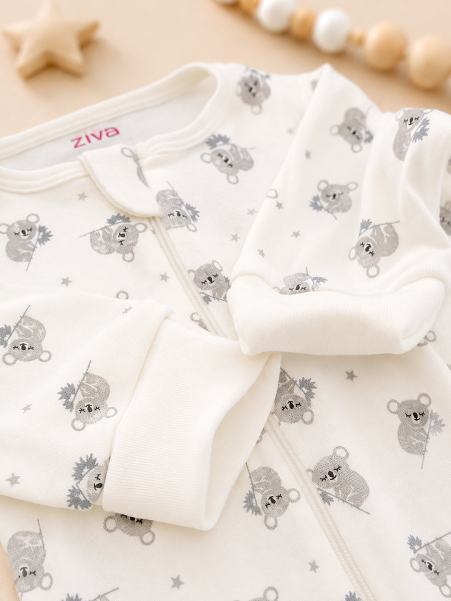 Ziva Knitted Cotton Baby Sleepsuit with Cap – Sleepy Koala Print | Ivory White