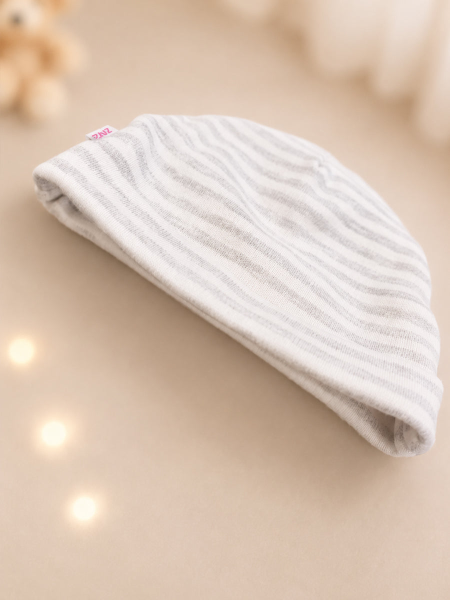 Ziva Knitted Cotton Baby Sleepsuit with Cap – White & Heather Grey Stripe Print | Fold-Over Mittens