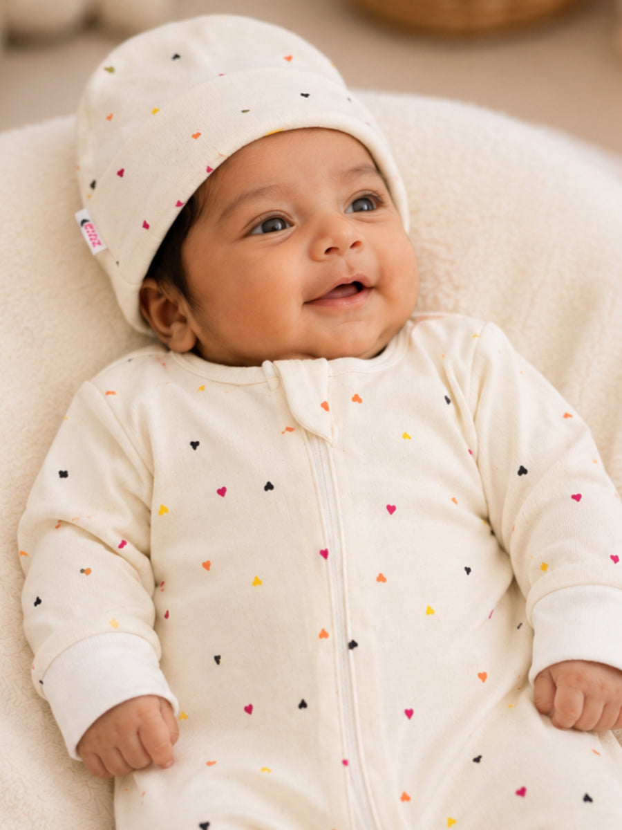 Ziva Knitted Cotton Baby Sleepsuit with Cap – Multicolor Mini Heart Print | Cream