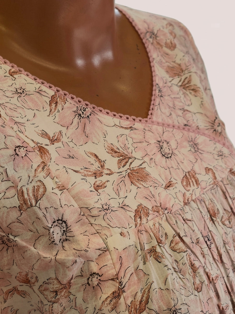 Ziva Cotton Maternity & Feeding Short Nighty with Pocket and Two Side Invisible Feeding Zips  – Pink & Light Brown Floral