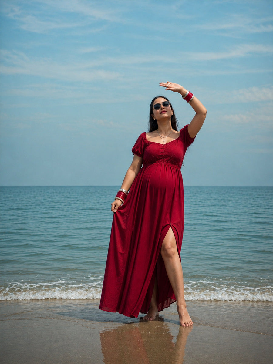 Ziva Cherry Red Multipurpose Maternity Photoshoot & Baby Shower Gown | Full-Length Gown