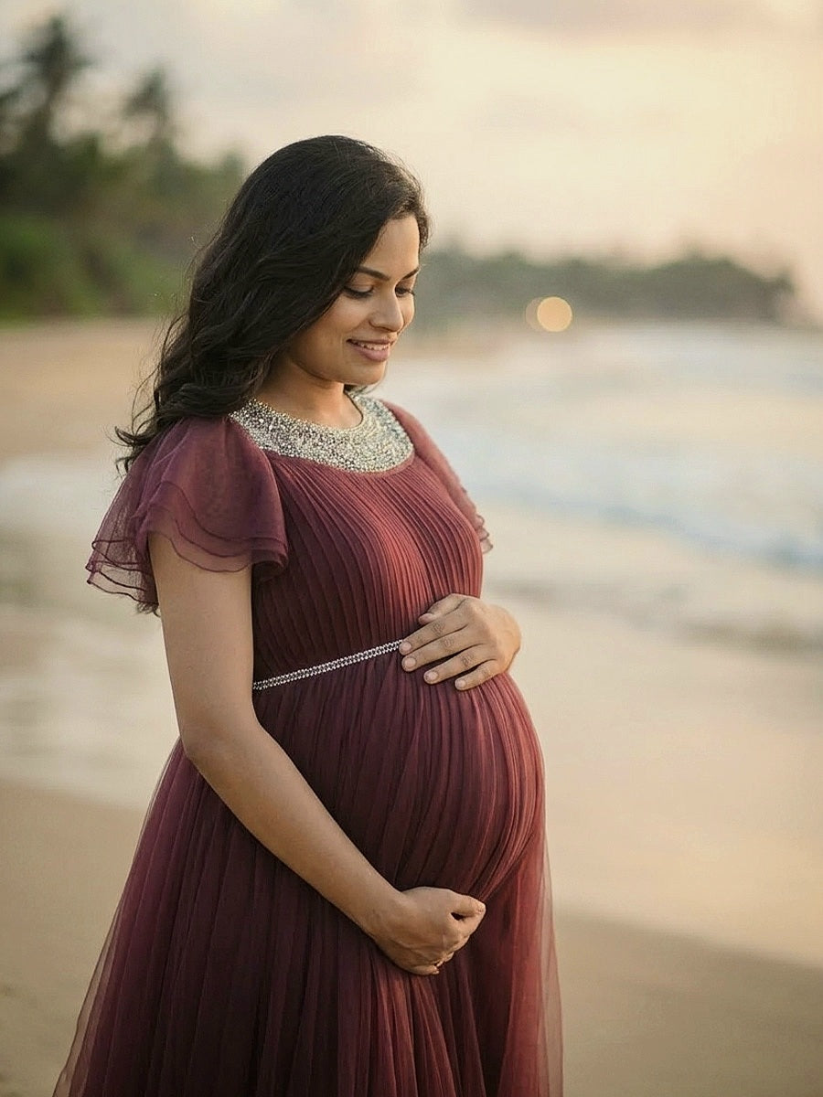 ZIVA Graceful Brown Maternity Baby Shower & Photoshoot Gown with D-Net Flutter Sleeves