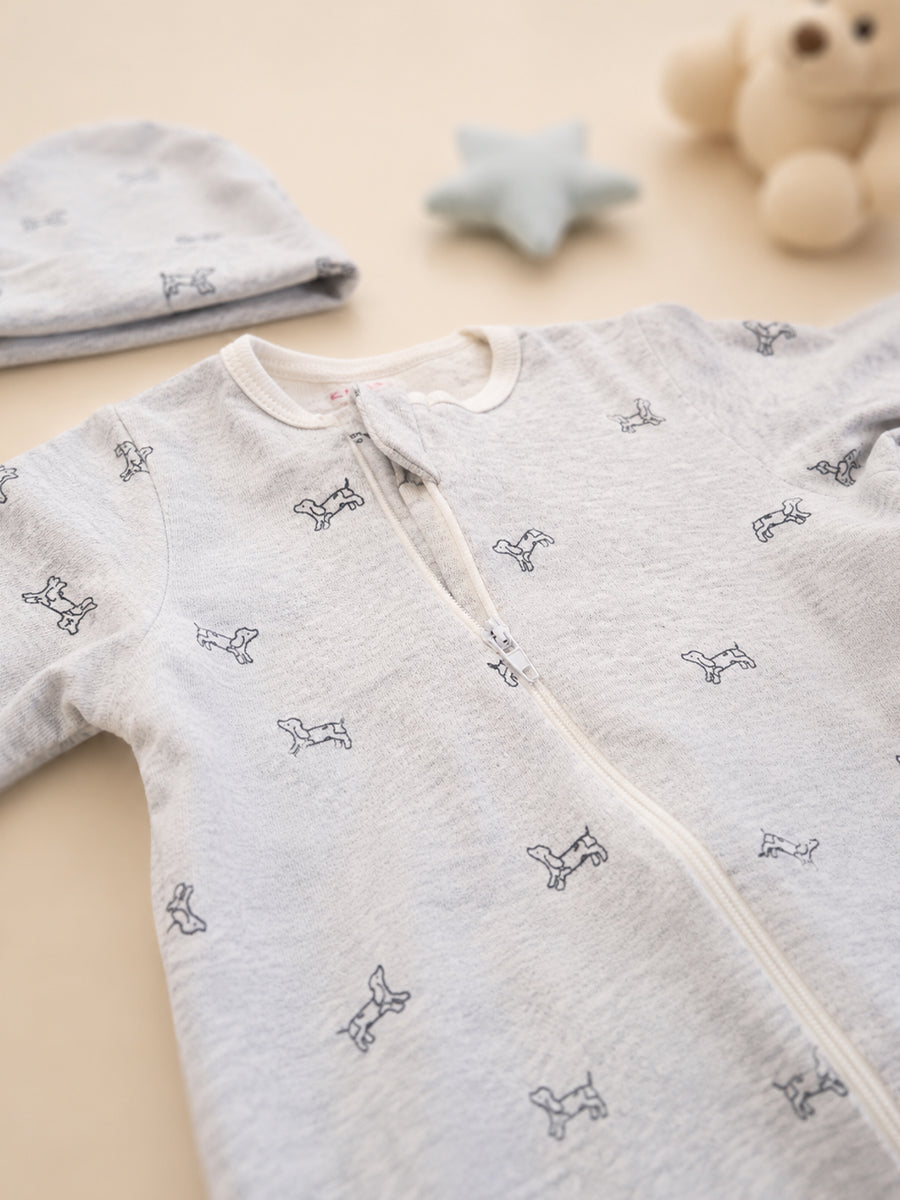 Ziva Knitted Cotton Baby Sleepsuit with Cap – Puppy Outline Print | Cloud Grey
