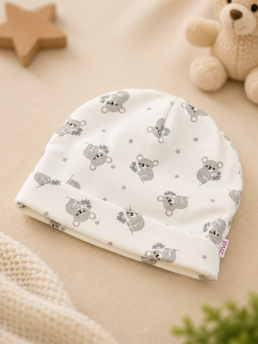 Ziva Knitted Cotton Baby Sleepsuit with Cap – Sleepy Koala Print | Ivory White