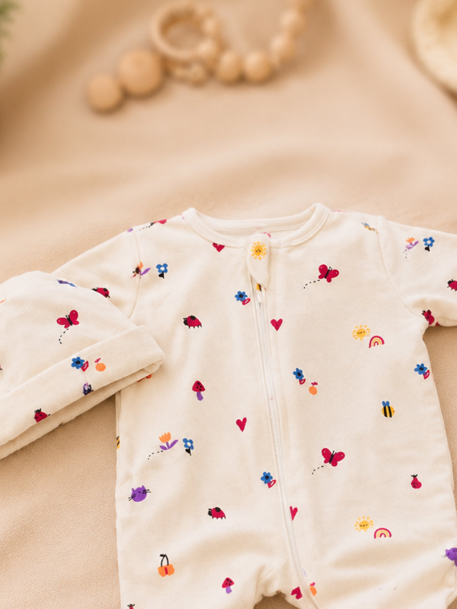 Ziva Knitted Cotton Baby Sleepsuit with Cap – Garden Bugs & Nature Print | Cream