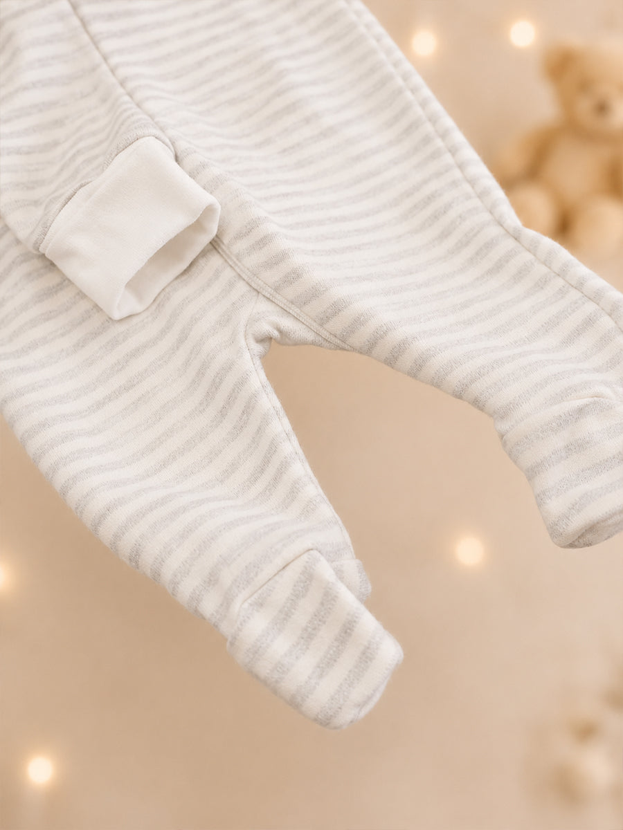Ziva Knitted Cotton Baby Sleepsuit with Cap – White & Heather Grey Stripe Print | Fold-Over Mittens