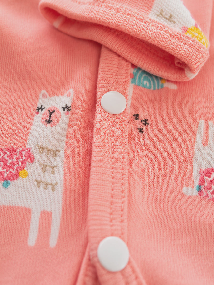 Ziva Baby Jumpsuit – Soft Peach Pink | Pastel Llama Parade Print | Knitted Cotton | Front Open Snap Button