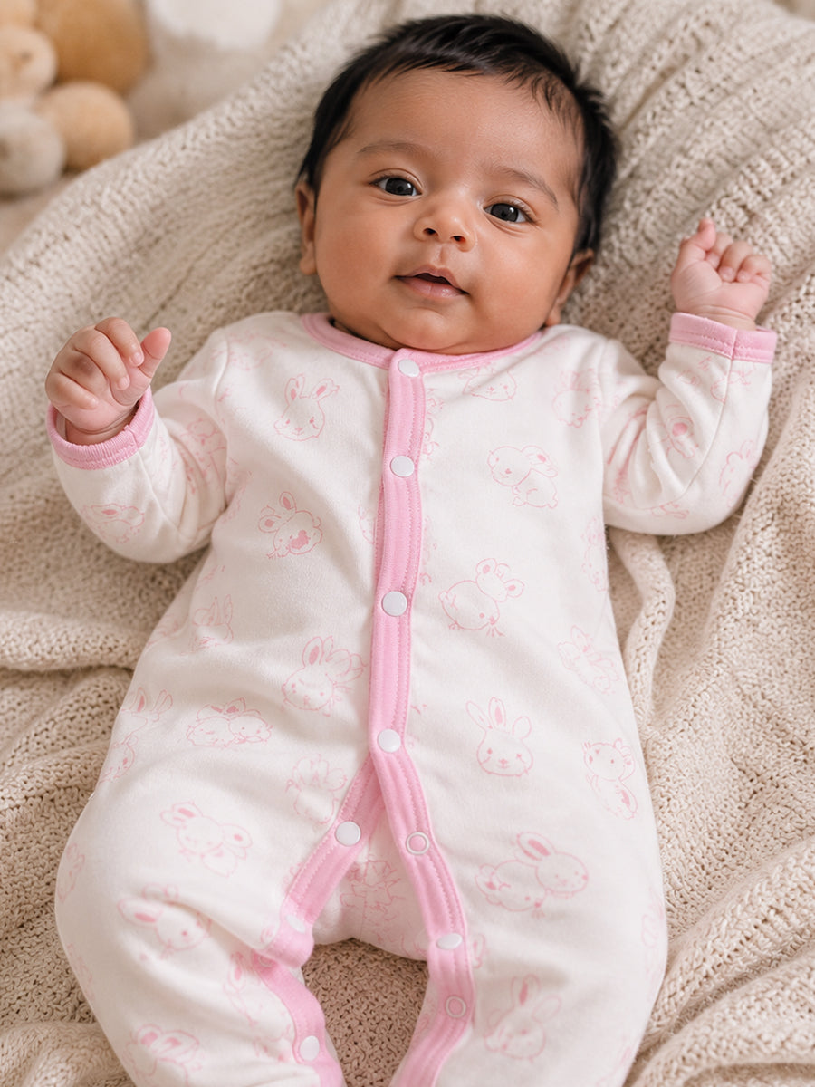 Ziva Baby Jumpsuit – Off White | Tiny Bunny Sketch Print | Premium Knitted Cotton | Front Open Snap Button