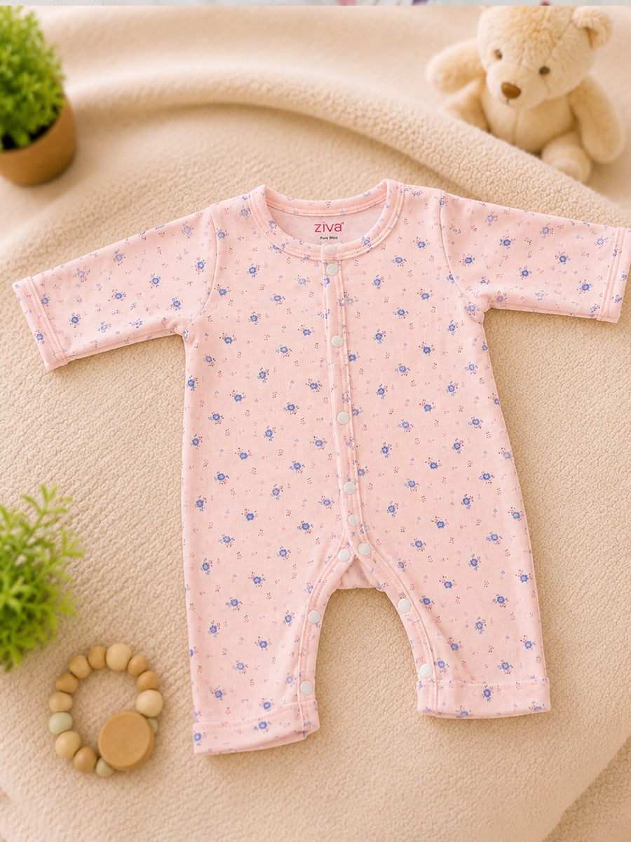 Ziva Baby Jumpsuit – Baby Rose Pink | Tiny Floral Blossom Print | Knitted Cotton | Front Open Snap Button