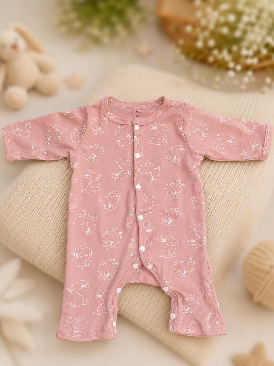 Ziva Baby Jumpsuit – Dusty Rose Pink | Bunny Print | Knitted Cotton | Front Open Snap Button
