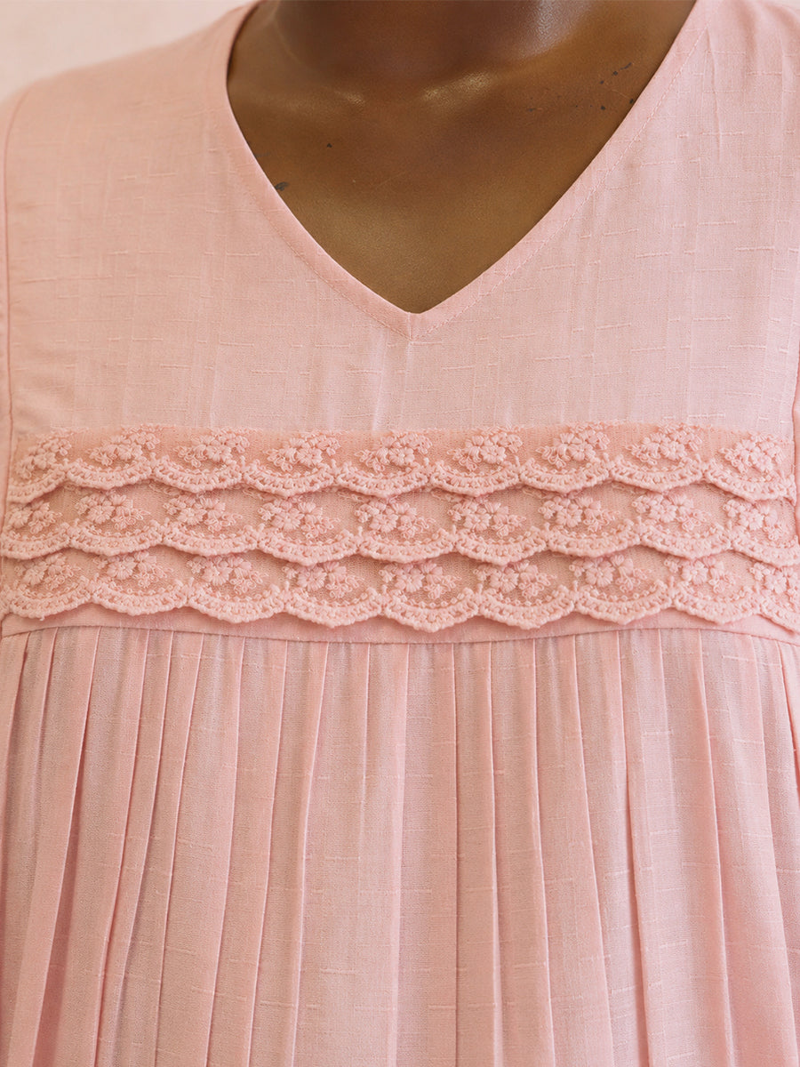 Ziva Maternity & Feeding Semi-Party Wear Dress with Crochet Lace, Invisible Feeding Zip & Pocket – Peach