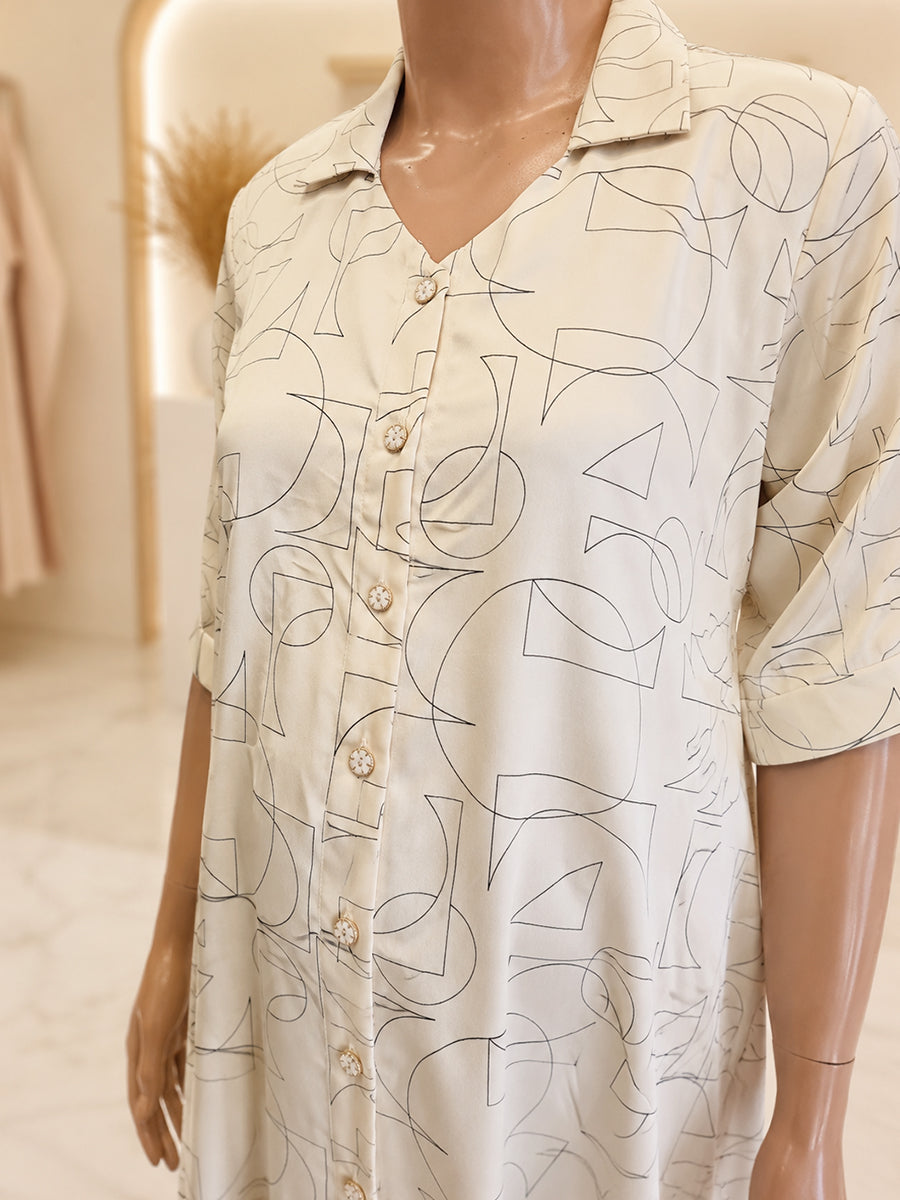 Ziva Maternity & Feeding Shirt Dress with Full Button Opening & Pocket – Beige Geometrical Print