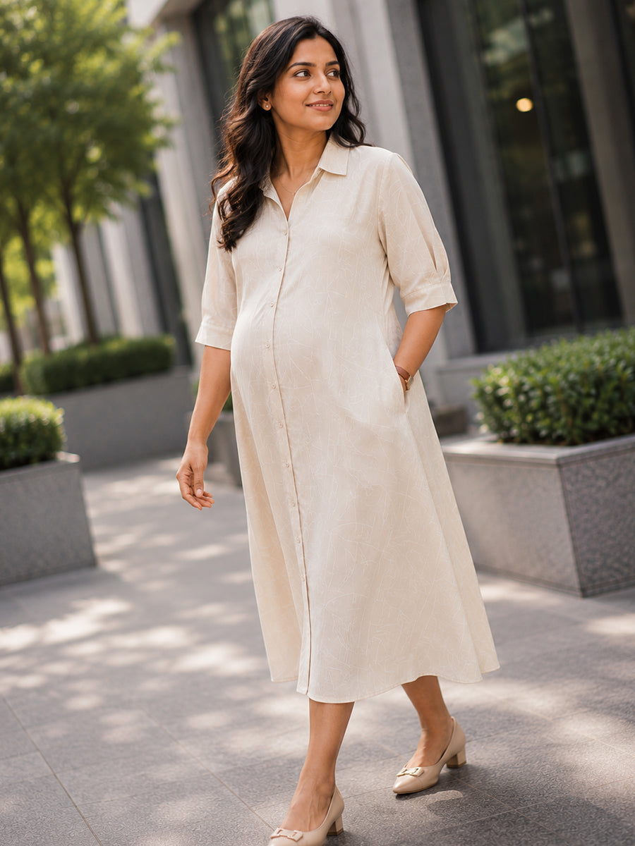 Ziva Maternity & Feeding Shirt Dress with Full Button Opening & Pocket – Beige with White Geometrical Print