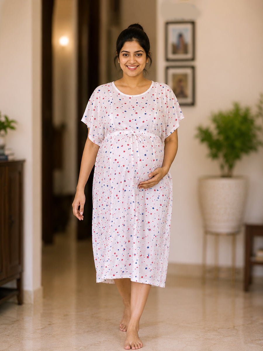 Ziva Maternity & Feeding Kaftan with Feeding Zip & Waist Tie – White | Red & Navy Star Print