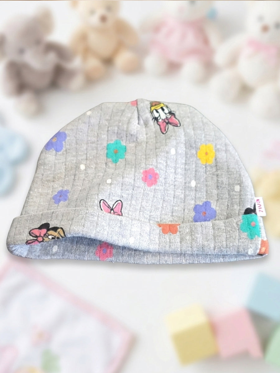 Ziva Baby Cap, Mitten & Bootie Set – Grey Melange | Daisy Duck & Multicolour Floral Print | Knitted Cotton