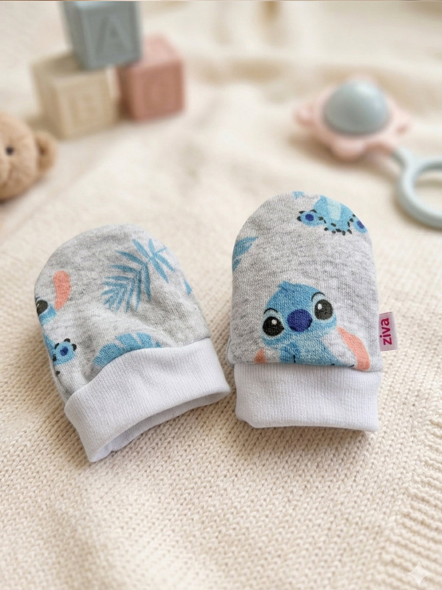 Ziva Baby Cap, Mitten & Bootie Set – Heather Grey & Sky Blue | Cartoon Character & Tropical Leaf Print | Knitted Cotton