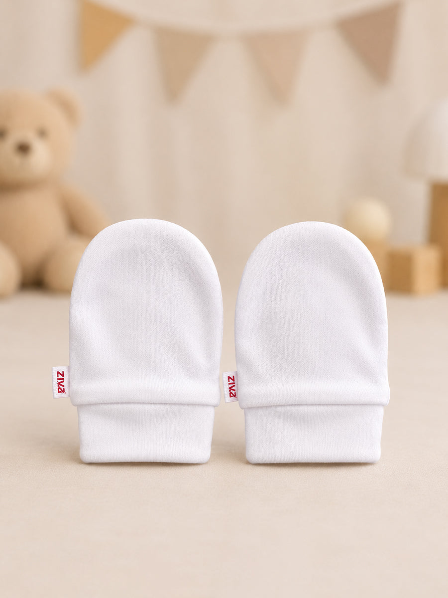 Ziva Baby Cap, Mitten & Bootie Set – White | Plain | Knitted Cotton
