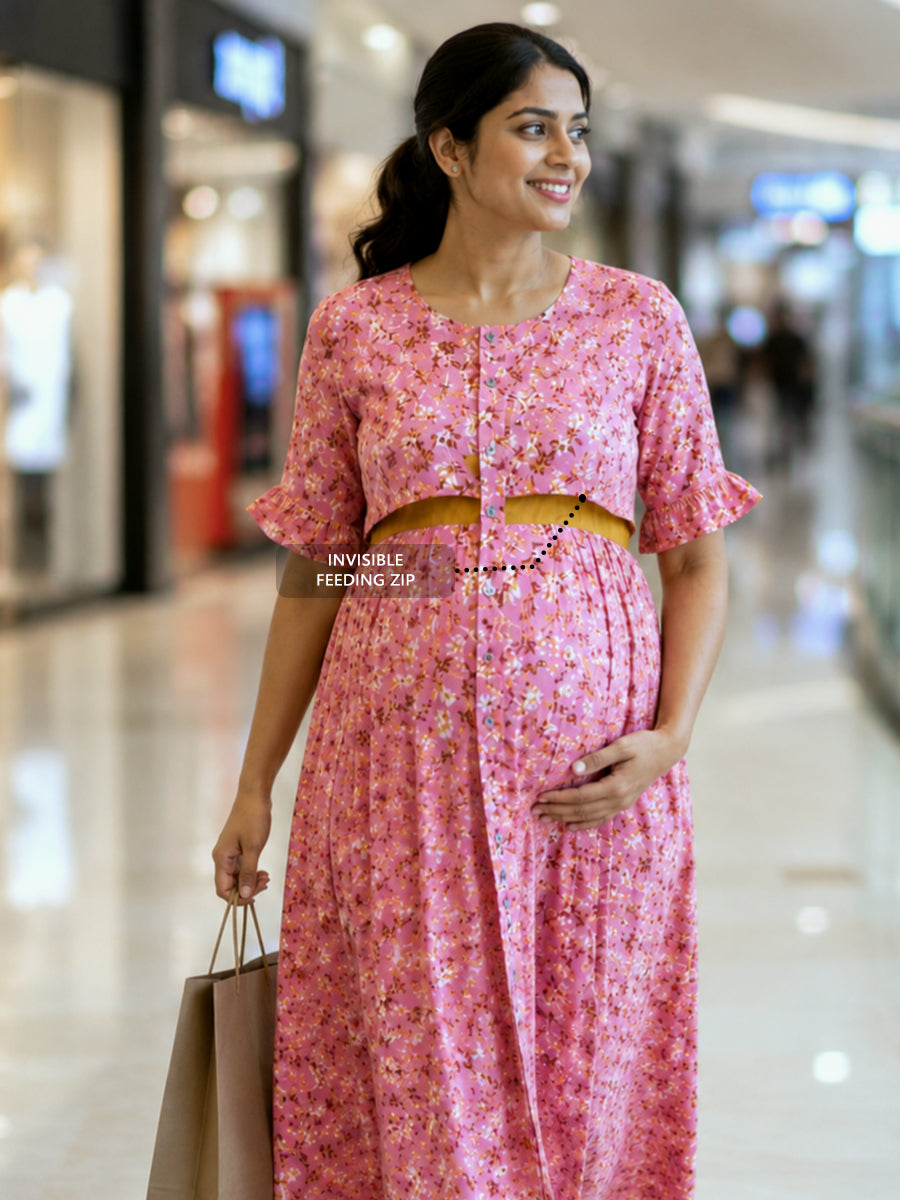 Ziva Maternity & Feeding Dress with Invisible Feeding Zip & Layered Yoke Flap Design – Pink Floral Print | Rayon